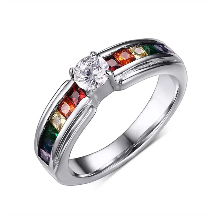 Modischer Ring - bunter Regenbogen-Zirkonia - Unisex - Edelstahl
