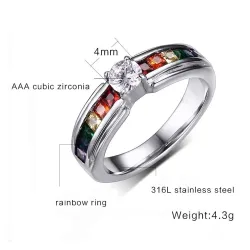 Anello alla moda - zirconi colorati arcobaleno - unisex - acciaio inossidabile