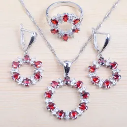 Conjunto de joias exclusivo - colar - brincos - anel - zircônias brancas e vermelhas - prata de lei 925