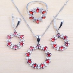 Eksklusivt smykkesett - halskjede - øredobber - ring - hvite og røde zirkoner - 925 sterling sølv