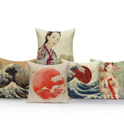 Dekorativt pudebetræk - japansk stil - kvinde - havbølger - solopgang - bjerge - 40 cm * 40 cm - 45 cm * 45 cm