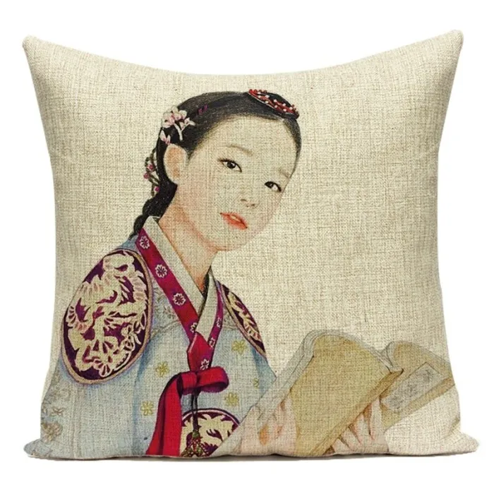 Dekorativt kuddfodral - japansk stil - kvinna - havsvågor - soluppgång - berg - 40 cm * 40 cm - 45 cm * 45 cm
