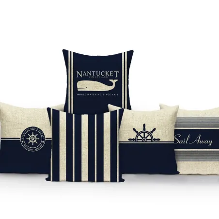 Housse de coussin bleu déco - mer - boussole - ancre - bateau - motifs marins - 40 cm * 40 cm - 45 cm * 45 cm