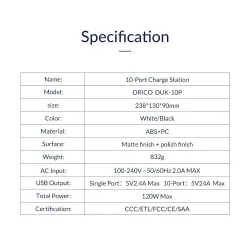 TitularesORICO - Cargador USB de 10 puertos - estación de acoplamiento - con soporte - 120W 5V2.4A*10