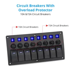 Panneau de commande étanche avec LED et fusibles - 8 canaux - pour voiture - bateau - camping-car