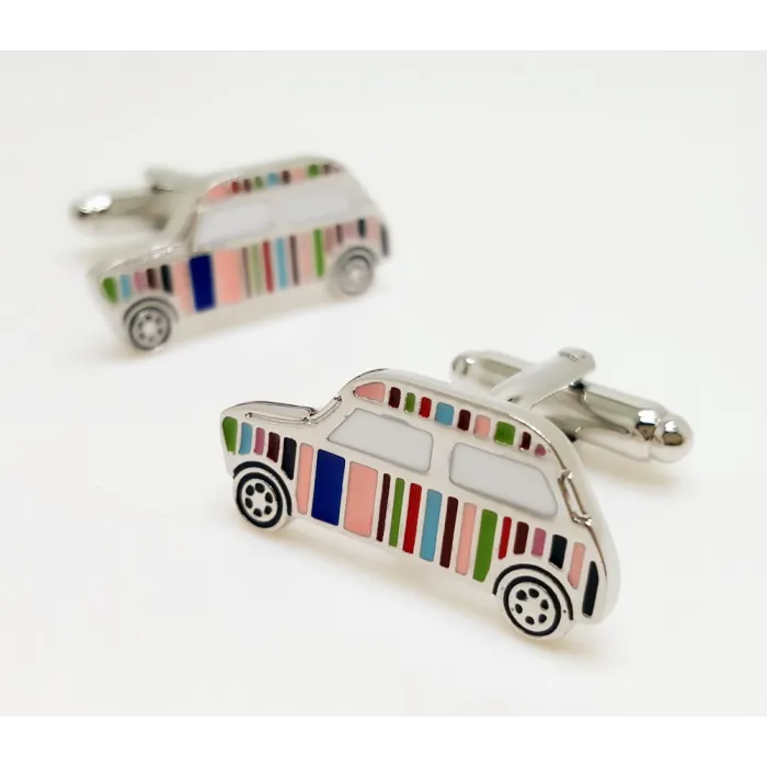 Silver cufflinks - multicolor striped carCufflinks