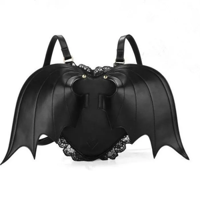 Schwarzer Lederrucksack - Punk-Stil - mit Fledermausflügeln