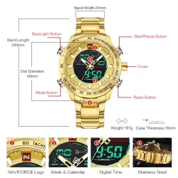 NAVIFORCE - montre de sport pour homme - numérique - Quartz - étanche - acier inoxydable