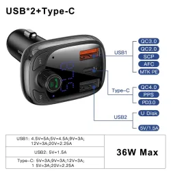 Baseus - bilsender - hurtigoplader - Bluetooth - dual USB - type-C