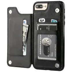 Portacarte retrò - cover per telefono - flip cover in pelle - mini portafoglio - per iPhone - nero
