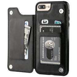 Retro kortholder - telefondekselveske - flipdeksel i skinn - mini lommebok - for iPhone - svart