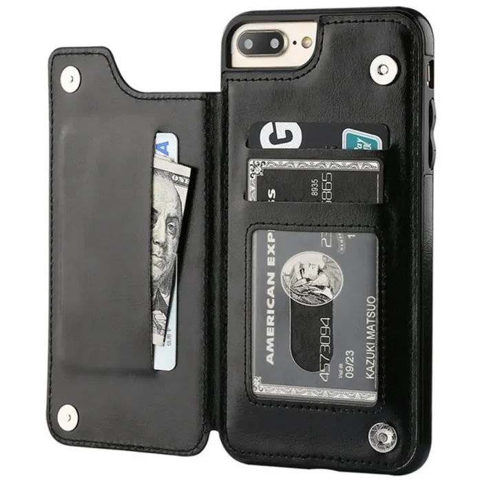 Retro kortholder - telefon cover cover - læder flip cover - mini pung - til iPhone - sort