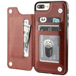Retro kortholder - telefon cover etui - læder flip cover - mini pung - til iPhone - brun