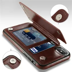 Retro kortholder - telefondekselveske - flipdeksel i skinn - mini lommebok - for iPhone - blå