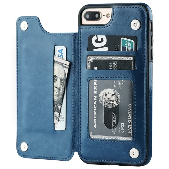Retro kortholder - telefoncover etui - læder flip cover - mini pung - til iPhone - blå