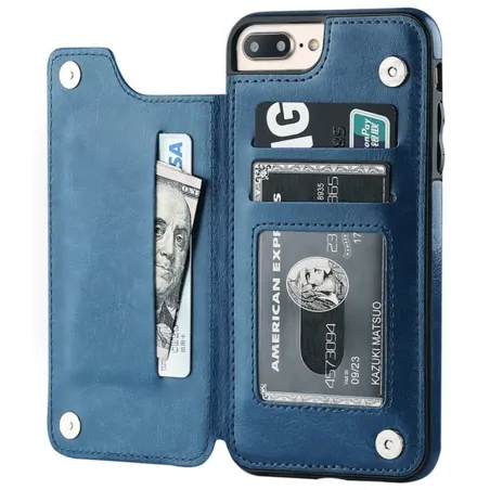 Retro kortholder - telefondekselveske - flipdeksel i skinn - mini lommebok - for iPhone - blå