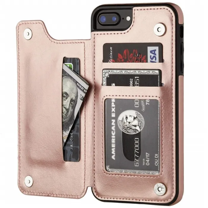 Retro kortholder - telefoncover etui - læder flip cover - mini pung - til iPhone - rosa guld