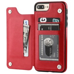 Retro kortholder - telefondekselveske - flipdeksel i skinn - mini lommebok - for iPhone - rød