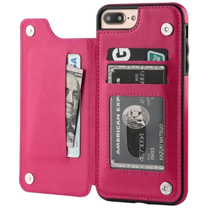 Portacarte retrò - cover per telefono - flip cover in pelle - mini portafoglio - per iPhone - magenta