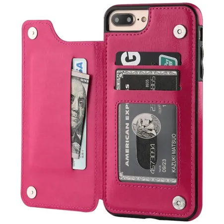 Porta-cartões retrô - capa de telefone - capa de couro - mini carteira - para iPhone - magenta