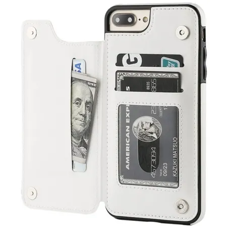 Retro kortholder - telefondekseletui - flipdeksel i skinn - mini lommebok - for iPhone - hvit