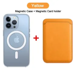 Ładowanie bezprzewodowe Magsafe - przezroczyste etui magnetyczne - skórzane etui na karty magnetyczne - do iPhone'a - żółteOc...