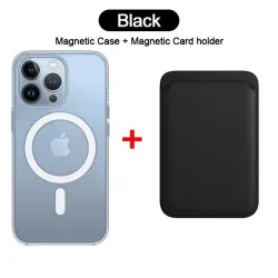 Magsafe wireless charging - transparent magnetic case - magnetic leather card holder - for iPhone - blackProtection
