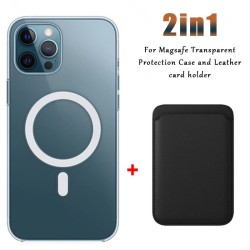 Magsafe trådlös laddning - transparent magnetfodral - magnetisk läderkorthållare - för iPhone - svart