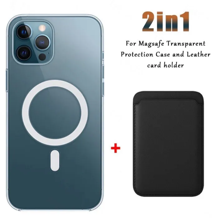 Magsafe trådløs opladning - gennemsigtigt magnetisk etui - magnetisk læderkortholder - til iPhone - sort