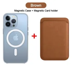 Magsafe trådløs opladning - gennemsigtigt magnetisk etui - magnetisk læderkortholder - til iPhone - brun