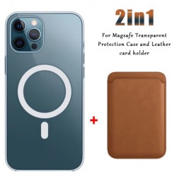 Carregamento sem fio Magsafe - estojo magnético transparente - porta-cartões de couro magnético - para iPhone - marrom
