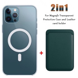Magsafe trådlös laddning - transparent magnetfodral - magnetisk läderkorthållare - för iPhone - mörkgrön