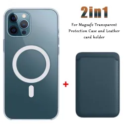 Magsafe draadloos opladen - transparant magnetisch hoesje - magnetische leren kaarthouder - voor iPhone - donkerblauwBescherming