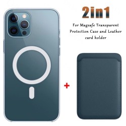Magsafe trådløs opladning - gennemsigtigt magnetisk etui - magnetisk læderkortholder - til iPhone - mørkeblå