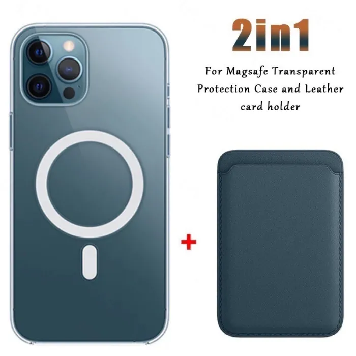 Magsafe wireless charging - transparent magnetic case - magnetic leather card holder - for iPhone - dark blueProtection