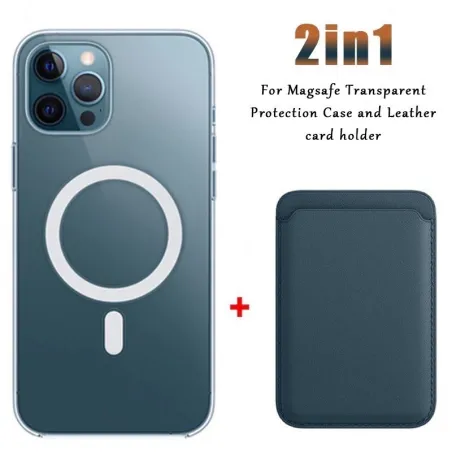Magsafe draadloos opladen - transparant magnetisch hoesje - magnetische leren kaarthouder - voor iPhone - donkerblauwBescherming