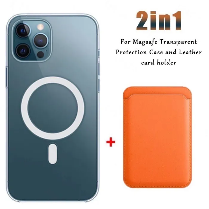 Magsafe trådløs lading - gjennomsiktig magnetisk etui - magnetisk skinnkortholder - til iPhone - oransje