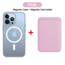 Magsafe trådlös laddning - transparent magnetfodral - magnetisk läderkorthållare - för iPhone - rosa