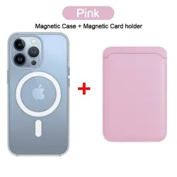 Magsafe trådløs lading - gjennomsiktig magnetdeksel - magnetisk skinnkortholder - til iPhone - rosa