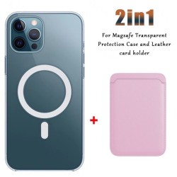 Magsafe langaton lataus - läpinäkyvä magneettikotelo - magneettinen nahkainen korttiteline - iPhonelle - pinkki