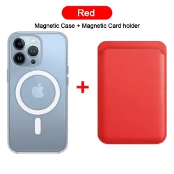 Magsafe trådlös laddning - transparent magnetfodral - magnetisk läderkorthållare - för iPhone - röd
