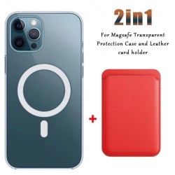 Magsafe langaton lataus - läpinäkyvä magneettikotelo - magneettinen nahkainen korttiteline - iPhonelle - punainen