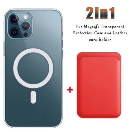 Magsafe trådløs opladning - gennemsigtigt magnetisk etui - magnetisk læderkortholder - til iPhone - rød