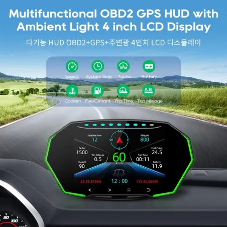 Multifunktionel OBD2 GPS HUD - Head-Up - 4 tommer LCD display - speedometer - vand/olie temperatur