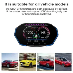 Multifunktionel OBD2 GPS HUD - Head-Up - 4 tommer LCD display - speedometer - vand/olie temperatur