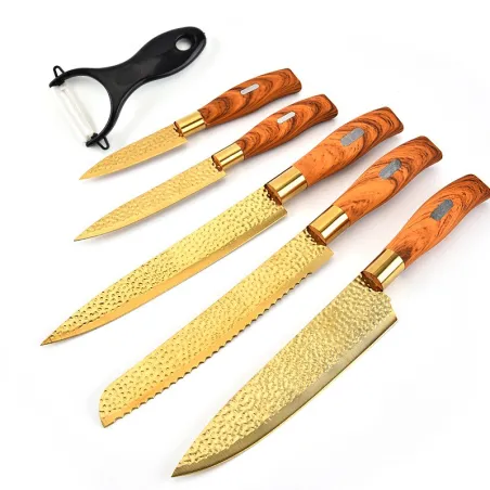 Professionelle vergoldete Küchenmesser - Sparschäler - Edelstahl - Holzgriff - 6-teiliges Set