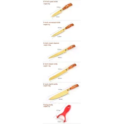 Professional gold plated kitchen knives - peeler - stainless steel - wooden handle - 6 pieces setSteel