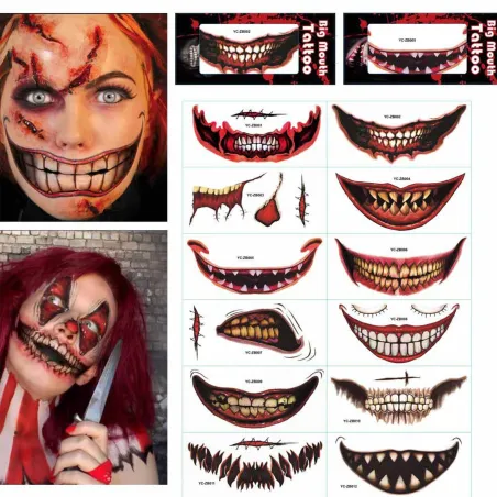 Tillfällig Halloween-tatuering - vattentät klistermärke - clownmun - 12 stycken