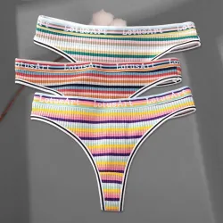 Fargerike stripete thongs i bomull - lav midje - 3 stk