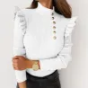 Långärmad turtleneck - ribbad tröja - knappar/volanger